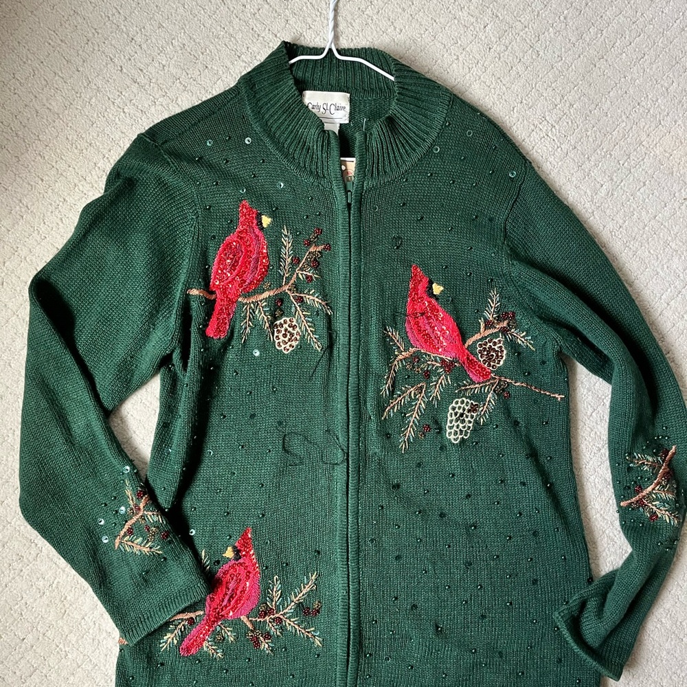 Vintage Carly St. Claire "Ugly" Cute Christmas Sweater Cardinal Bird Cardigan M
